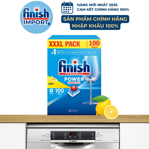 Hộp 100 viên rửa chén Finish Essential XXXL Hàng mới về 2024 – (6x tính năng trong 1 viên – Hương Chanh) – (Dành cho máy rửa chén 9-10-12 bộ).